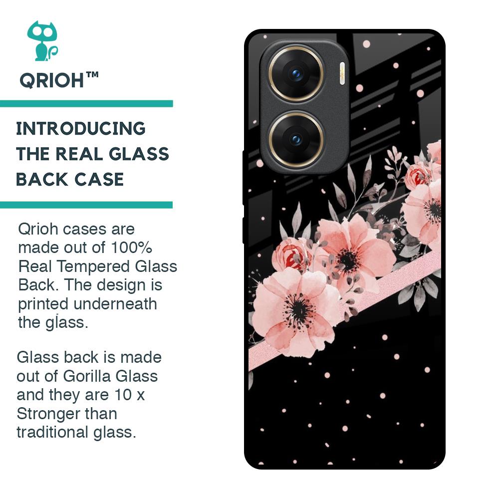 Floral Black Band Glass Case For Vivo V29e 5G