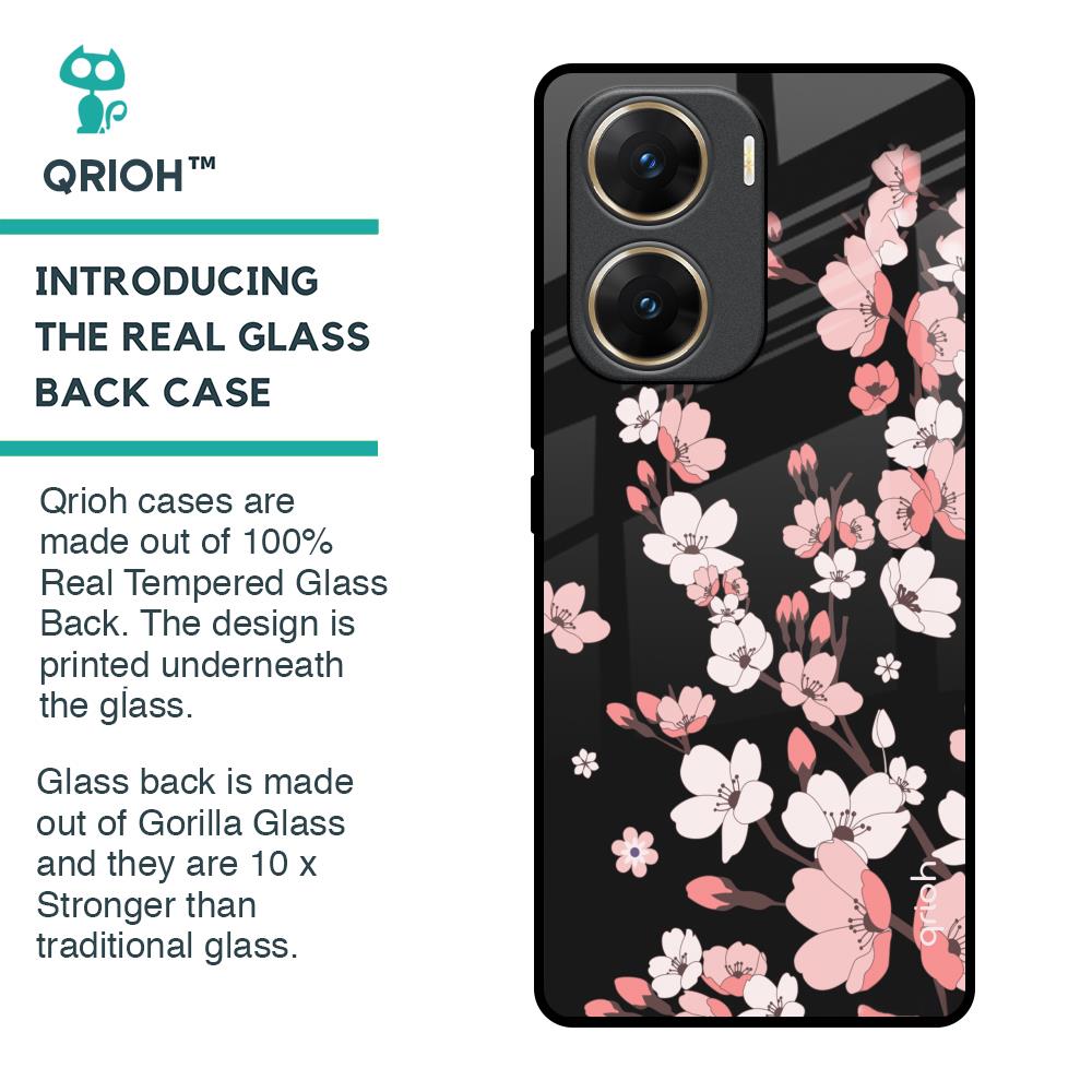 Black Cherry Blossom Glass Case for Vivo V29e 5G