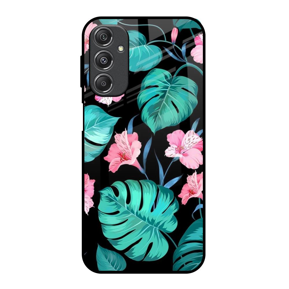 Tropical Leaves & Pink Flowers Samsung Galaxy M34 5G Glass Back Cover Online