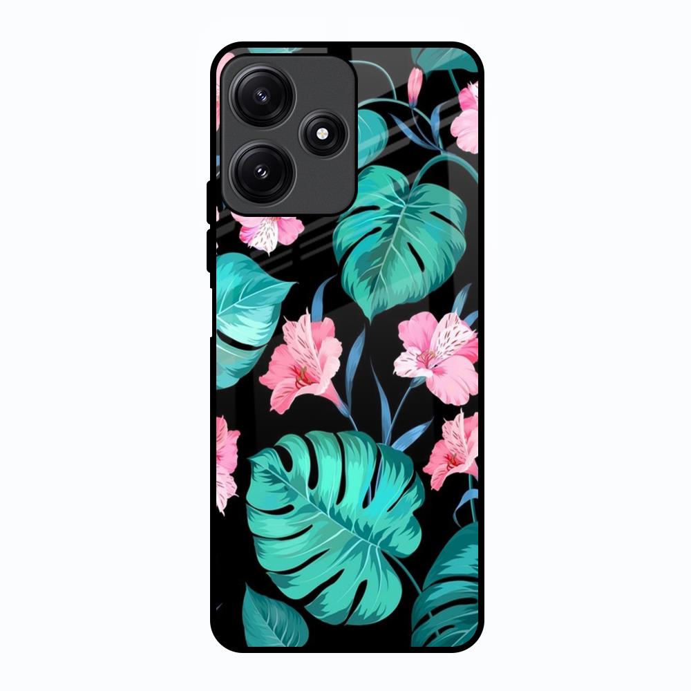 Tropical Leaves & Pink Flowers Poco M6 Pro 5G Glass Back Cover Online