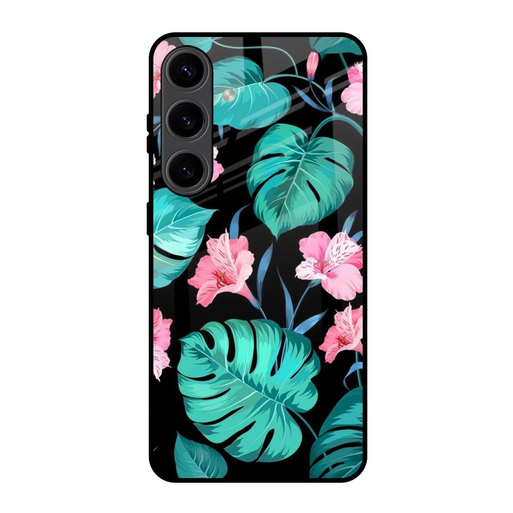Tropical Leaves & Pink Flowers Samsung Galaxy S24 5G Glass Back Cover Online
