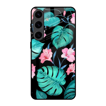 Tropical Leaves & Pink Flowers Samsung Galaxy S24 5G Glass Back Cover Online