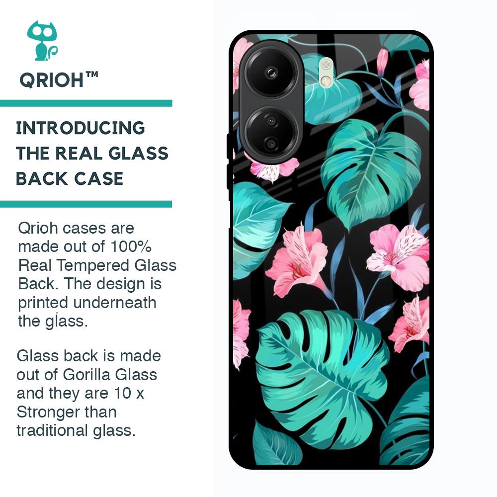 Tropical Leaves & Pink Flowers Glass Case for Redmi 13C