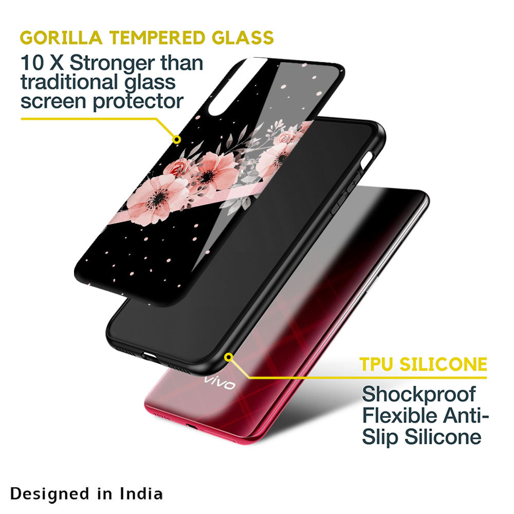 Floral Black Band Glass Case For Vivo Y22
